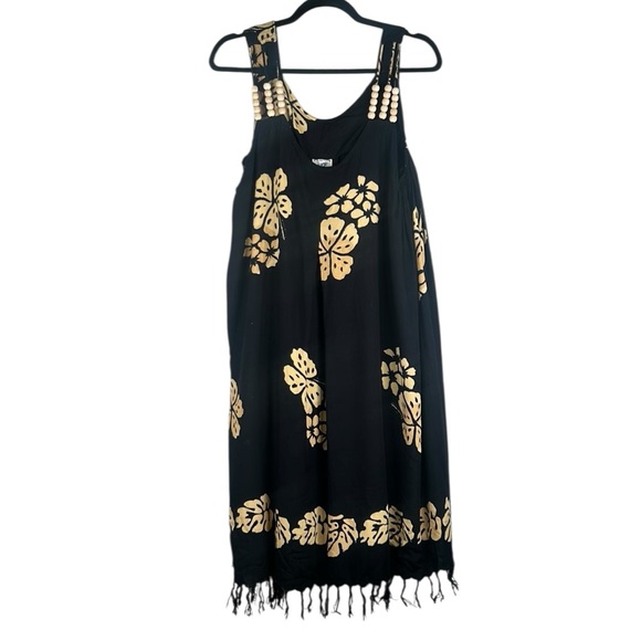 Young Fashion Black & Tan Tropical Hawaiian Vacation Travel Dress Size Large - Picture 1 of 6